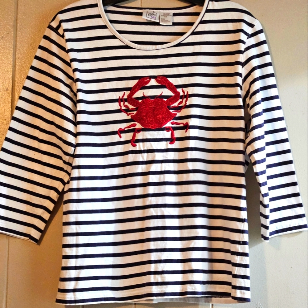 Peanut Butter & Jelly Striped Top With Red Sparkled Embroidered Crab - Size L